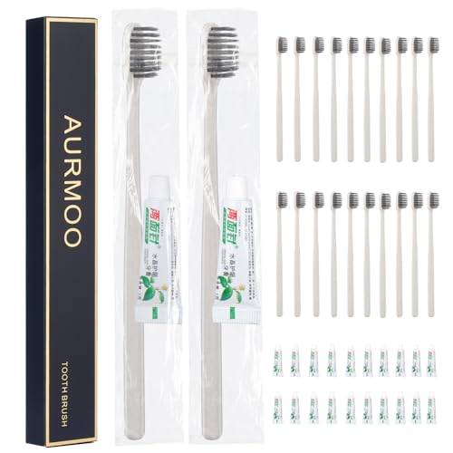 AURMOO 20 Cepillo de Dientes Desechable, Cepillos de Viaje con Pasta de Dientes, Cepillos de Dientes Desechable, Toothbrushes para Hoteles, Campamentos y Viajes, Empaquetados Individuales.
