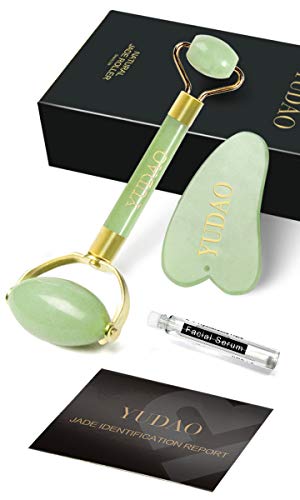 YUDAO® Jade Roller For Face & Gua Sha Scraping Tools - Anti Aging Wrinkle, Facial Puffiness Massager Ice Globes, Eye Skin Rejuvenate - 100% Real Natural Premium 2 in1 Jade Stone