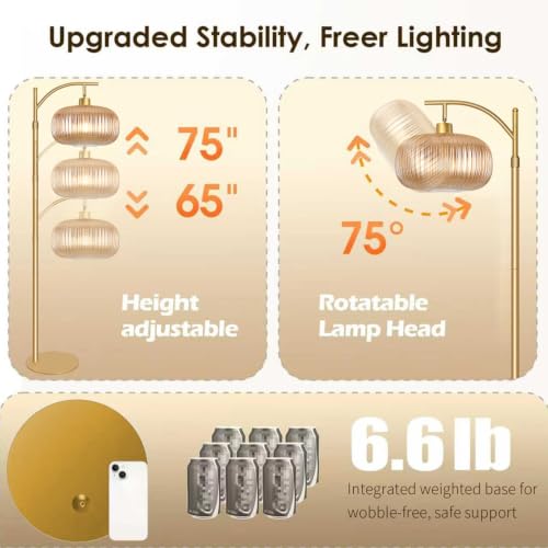 Image of Glass Floor Lamp for Living Room, Bedroom, Gold Tall Lamp with Amber Shape
