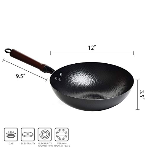 Cooking Wok Pan Nonstick, Hammered Wok and Stir Fry Pans with Wooden Handle, Frying Wok Carbon Steel Flat Bottom, Chinese Iron Pot for Cooking (12 Inch)