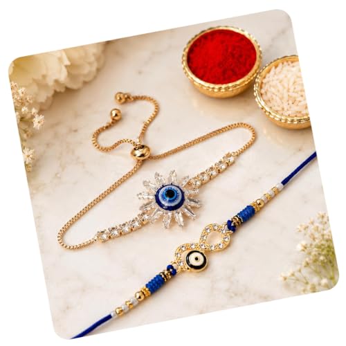 Image of CraftVatika Evil Eye Bracelet Rakhi Set for Brother Bhaiya Bhabhi Set of 2, Rakhis for Rakshabandhan, Hand Bracelet Rakhi for Bhabhi, Infinitive Evil Eye Rakhis for Men Brother with Best Wishes Card,Tilak set