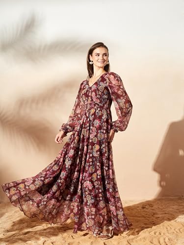 Image of Miss Chase Women's Multicolored-Base-Brown Relaxed Fit Maxi Lurex Chiffon Dress