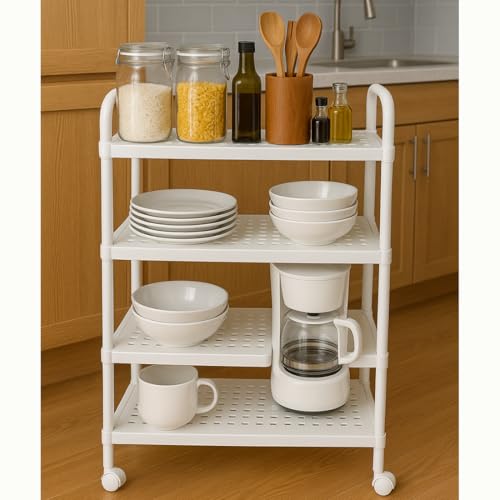Image of Cortina Plastic Kitchen Storage Trolley Rack,Slide Out Storage Shelves Space Saving Home Nightstands Storage Organizer Box,for Newborn Essentials,Multifunction (4 Layer Kitchen Storage Trolly A)