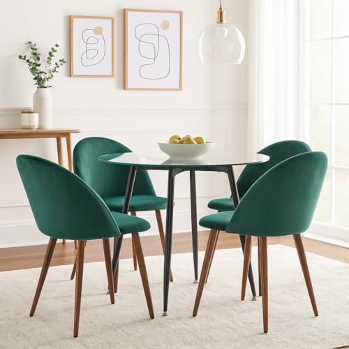 Image of Round Glass Dining Table Set for 4, 31.4 inch Tempered Glass Kitchen Table with 4 Green Velvet Upholstered Chairs, Modern Small Space Dining Room Furniture, Mid-Century Style