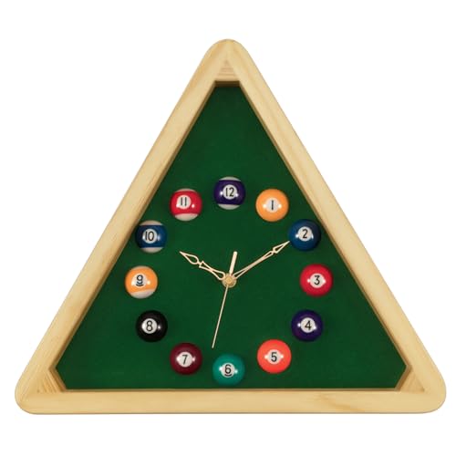 Foxtop Reloj de pared de billar – 35 cm diseño triangular mesa piscina con marco de madera maciza, reloj analógico silencioso para sala de juegos, bar, salón decoración
