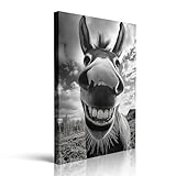 Smiling Donkey Close Up Black and White Photograph Canvas Wall Art Framed Print Funny Animal Portrait with Big Teeth Humorous Wall Decor for Bathroom Office Country Home Artwork 12x16 Inches