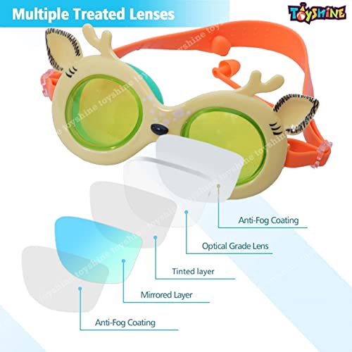 Image of Toyshine Swim Goggles, (Stag Design) Anti Fog No Leaking Clear Vision Water Pool Swimming Goggles (Age 6-14),Cream- Multi SSTP
