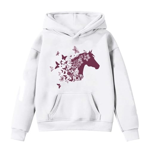 generisch Hoodie Mädchen Langarm-Kapuzenpullover mit Pferde-Print für Kinder (White, 10-11 Years) Pullover Mädchen 140