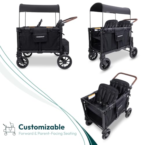 Image of WonderFold W4 Luxe Pro Stroller Wagon - Collapsible Stroller Wagon with Aluminum Frame - Adjustable Canopy & Push Handle - XL All-Terrain Wheels - For Babies, Toddlers & Kids - 4 Seater - Black
