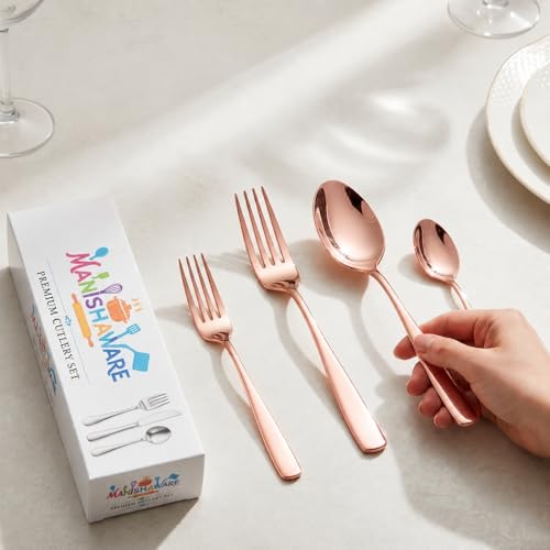 Image of Classic Rose Gold 16 Pcs Stainless Steel Cutlery Set for Dining Table, Dishwasher Safe Glossy Flatware (Perfect Spoon Fork Set)