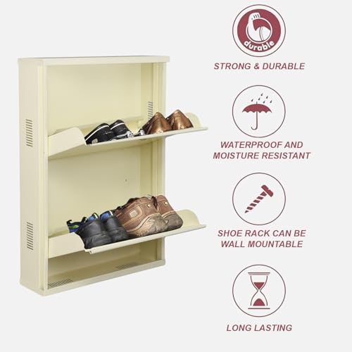 Image of Metal Shoe Rack Wall Mounted for Home with Central Locking | 2 Door 20 inch Wall Mounted Metal 4 Pair Rack Cabinet | Pre-Assembled Shoe Rack Shelves | 3 Year Warranty (Ivory)