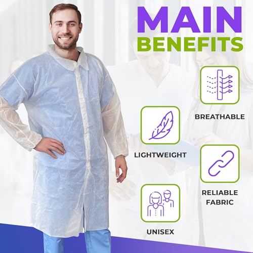 Image of AMZ Medical Supply White Disposable Lab Coat, Medium. 120 Pack 35 GSM Polypropylene Fabric Protective Coat. Knee-Length Disposable Lab Coats for Adults with Elastic Wrist, Loop Fasteners, No Pockets
