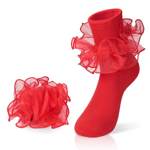 Snycler Womens Big Ruffle Ankle Socks Adult Lace Turn Cuff Cotton Frilly Dress Socks Cute Bobby Sock with Ruffles Socks Red - 1 Pair