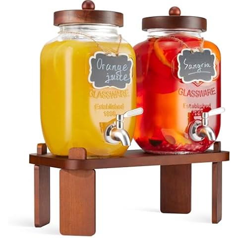 2PCS Glass Drink Dispenser with Wood Stand,1 Gallon Beverage Dispenser for Parties with 18/8 Stainless Steel Leakproof Spigot & Wood Lid,Water Dispenser Countertop for Lemonade Stand,Sun Tea,Weddings Cover