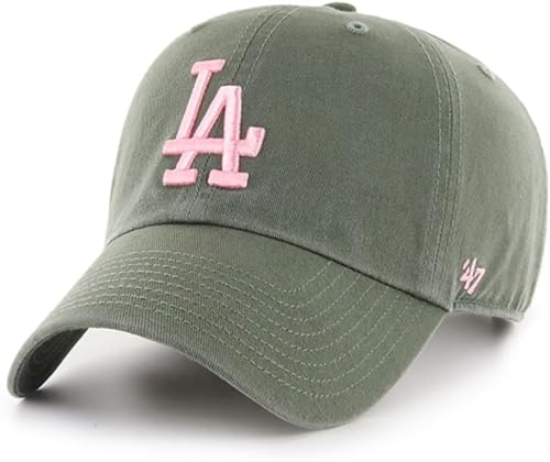 47 Brand MLB Moss Green Pink Primary Logo Clean Up Adjustable Strap Baseball Cap Hat, Adult One Size Fits All - Los Angeles Dodgers Moss Green