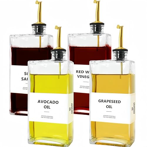 BIKALAN Olive Oil Dispenser Bottle for Kitchen, Coffee Syrup Dispenser - Elegant & Classy Olive Oil Bottles for Kitchen - Glass Cooking Oil Dispenser, Container, Cruet (Gold *4, 500 Milliliters)