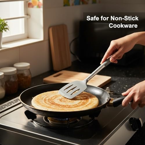 Image of Signamio Silicone Spatula and Turner Set of 2 with Steel Handle - Non-Stick Pan Compatible for Cooking, Baking, and More - Durable for Kitchen Use-Grey