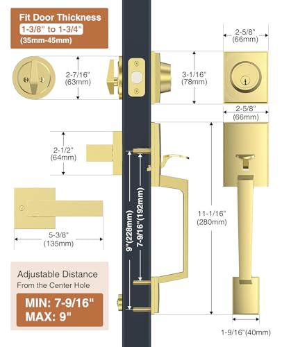 Image of Brightify Gold Front Door Lock Set with Single Cylinder Deadbolt, Modern Exterior Door Handle Set with Reversible Lever, Adjustable Latch for Right /Left Handed Heavy Duty Entrance