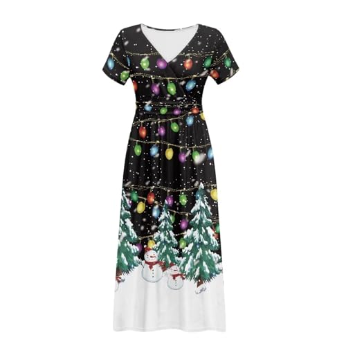 Image of Women's Fall Summer Short Sleeve Ankle Length V-Neck Party Dress with Pockets Size S-3XL