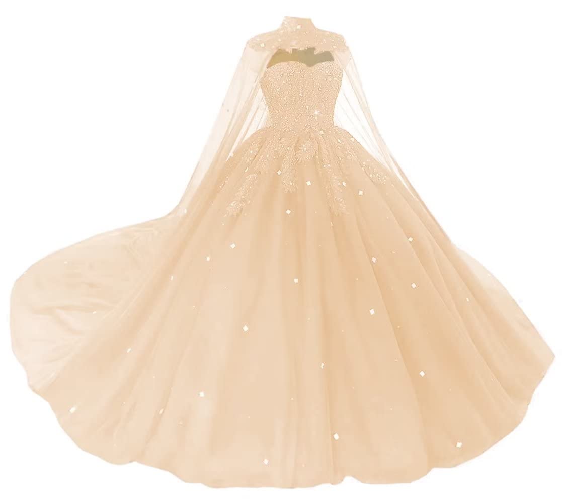 Women's Puffy Tulle Quinceanera Dresses with Cape Lace Sequins Prom Dresses Sweetheart Beaded Ball Gown for Sweet 15 16