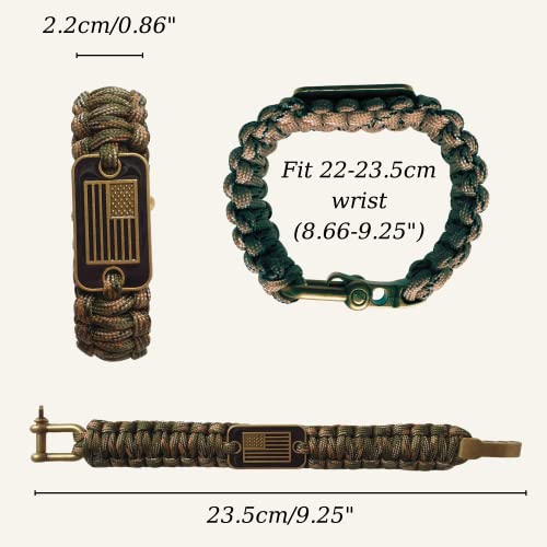VAYOBOO Paracord Bracelet - Tactical Survival Bracelet for Men with Bronze USA Flag - 3 Adjustable Sizes - Green Camo, L3