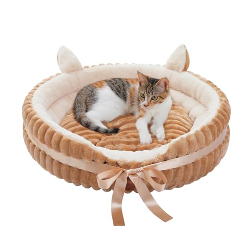 PAWZ Road Katzenbett waschbar, Hundebett kleine Hunde, Rundes, Flauschiges Katzenkissen, Katzenschlafplatz-Bettchen, Katzenkorb, Braun-Bogenstil, 50x50x20cm