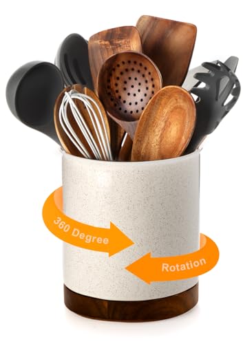 Nucookery 360°Rotating Utensil Holder, 7.2' Large Utensil Crock, Ceramic Cooking Utensil Organizer with Countertop-Protection Cork Bottom for Farmhouse Kitchen Decor Christmas Thanksgiving Gift (Sand)