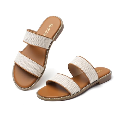 Image of Tilocow Women's Flat Sandals Two Strap Summer Dressy Studded Slide Sandals Open Toe Cute Casual Slip on Comfort Shoes for Beach Travel Daily Wear