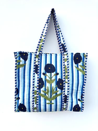 Image of Quilted Cotton Handprinted Reversible Large multicolor Floral Tote Bag,Hand Block Print Shopping Shoulder Carry Bag