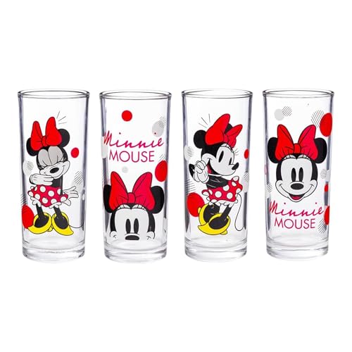 Silver Buffalo Disney Minnie Red Stripe Dots 4 Pack Tumbler Glass Set, 10 Ounces
