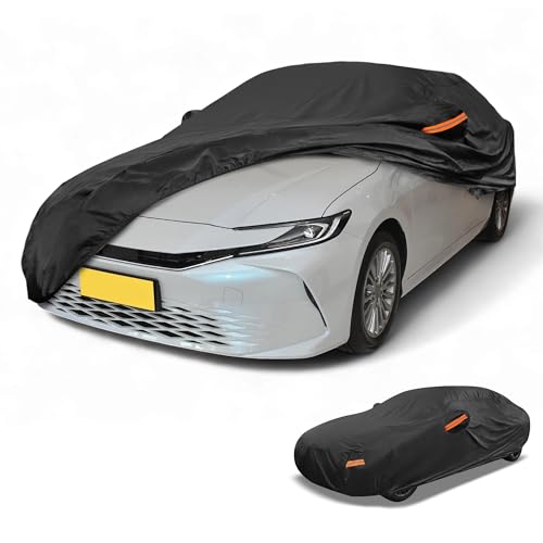 Image of Waterproof All-Weather Universal Car Cover with Right Side Zipper, 210T-PU Black Fits for Sedan 185 inch to 192 inch Length
