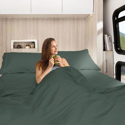 Image of Nestl Forest Green Short Queen Sheets for RV, Hotel Luxury RV Queen Sheets Set, 4 Piece Fitted Bed Sheet Set and Pillowcases, Super Soft, Wrinkle-Free, and Breathable Camper Bedding