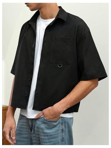 GORGLITTER Men's Cropped Shirt Button Bown Short Sleeve Casual Collar Neck Summer Shirts Crop Top3