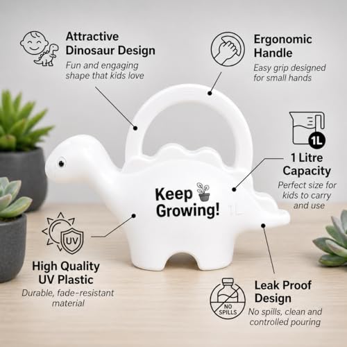 Image of Dinosaur Watering Can for Kids | 1 Litre | Plastic Dinosaur with Moving Eyes | Leak Proof, Lightweight, Easy Grip Watering Can | Kids Return Gifts | 10 Inches (Keep Growing White)