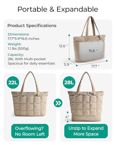 Image of BAGSMART Expandable Tote Bag for Women, Puffer Work Tote Handbag, Quilted Carry On Bag for Travel Gym