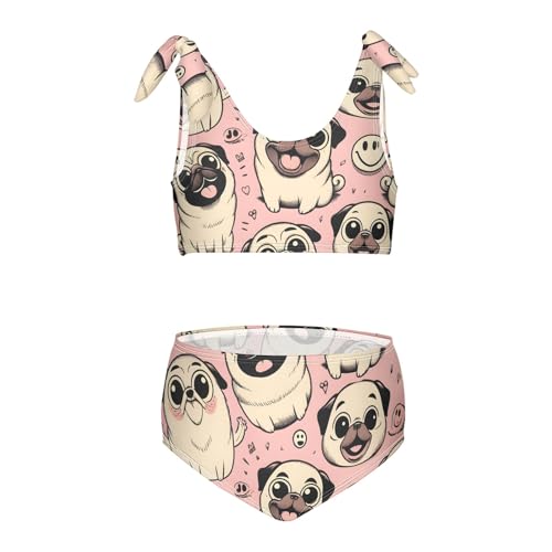 Girls' Bikini Set, Happy Pug Dog Pink Kids Swimsuit 2 Pcs Beach Bathing Suit