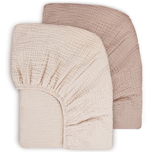 Susurration 100% Baumwolle Musselin-Spannbettlaken 2er Set Kinder Spannbettlaken Baby-Bettlaken Reisebett Spannlaken Beistellbett Leintücher 60x120cm (Sand Korn)