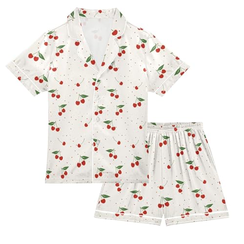 Cherry Print Pattern Summer Satin Pajama Set, Cute Button-Down Sleepwear Pj Set for Sleep Wears