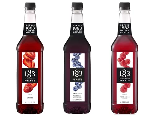 Image of 1883 Strawberry, Blueberry, Raspberry Syrups (Berry Lovers) for Drinks - 1 Liter Plastic Bottles (Pack of 3)