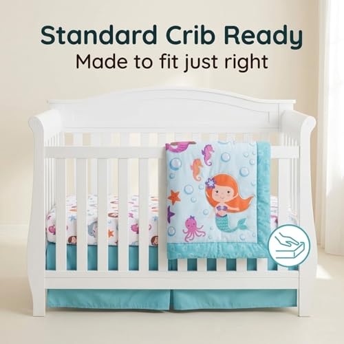 Image of EVERYDAY KIDS 3 Piece Girls Crib Bedding Set - Mermaid Adventures - Includes Quilt, Fitted Sheet and Dust Ruffle - Nursery Bedding Set - Baby Crib Bedding Set