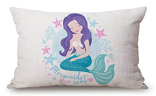 Solekla Cute Mermaid Farmhouse Oblong Rectangle Beautiful Mermaid with Purple Hair Decorative Throw Pillow Case,12x20 inch