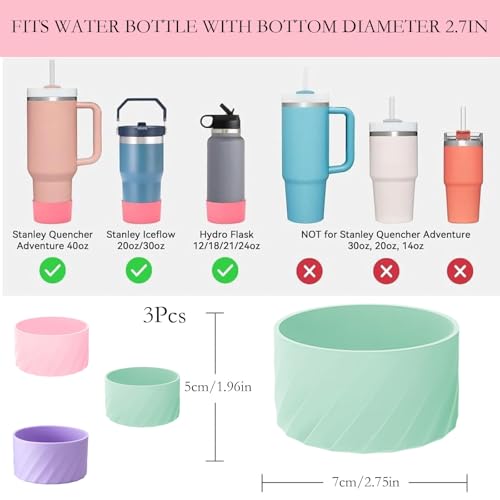 Image of 3Pcs Stanley Cup Accessories, Silicone Water Bottle Sleeve, Anti-Slip Protective Tumbler Cover for Stanley Cup, Purple Pink Green, Universal Fit 6-7cm Base Diameter, Outdoor Office Daily Use