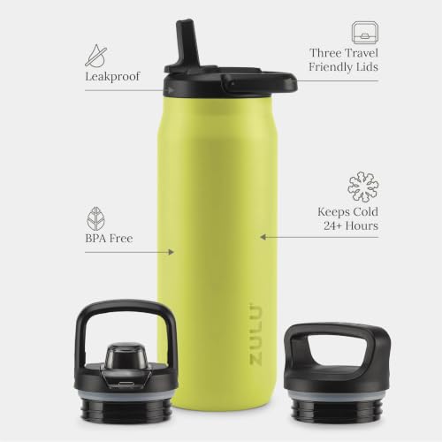 Image of ZULU Base 32oz Stainless Steel Water Bottle with 3 Lids- Straw, Chug, Twist | Double Walled and Vacuum Insulated Metal Thermos | For Gym, Outdoor | Built in Carry Loop, Dishwasher Safe, Guac