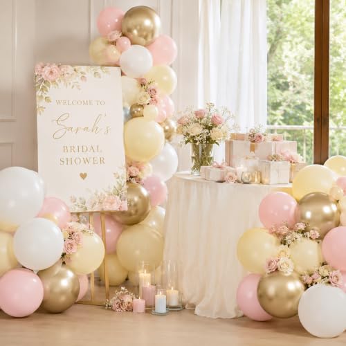 Image of HILAVO Pink and Yellow Balloons 12 Inch Pastel Light Pink Yellow Gold White Party Latex Balloons for Lemon Oh Baby Shower Bridal Shower Anniversary Wedding Bee Bear Themed Birthday Party Decorations
