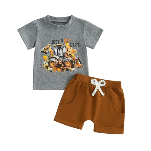 Toddler Baby Boy Clothes Summer Short Sleeve Truck Print T-Shirt Tops Solid Color Shorts Set 2Pcs Casual Outfit (Gray Dirt, 12-18 Months)