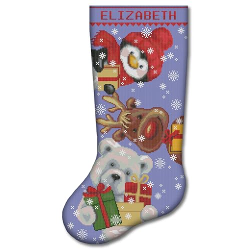 Stamped Cross Stitch Kit for Adults Personalized Christmas Stocking with Penguin Reindeer & Polar Bear Counted Embroidery Pattern for Beginners DIY Holiday Decoration