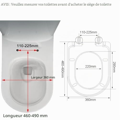 Abattant WC en forme de D avec fermeture douce et ouverture rapide, charnières ajustables à 360° pour une installation facile, convient aux toilettes en forme de D/U