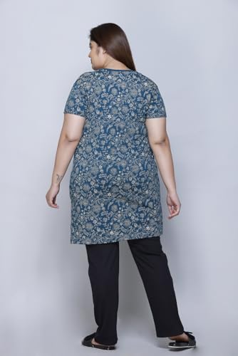 Image of RYSH Women's All-Over Printed Cotton Plus Size Longline T-Shirt Half Sleeve with Pockets Turquoise L
