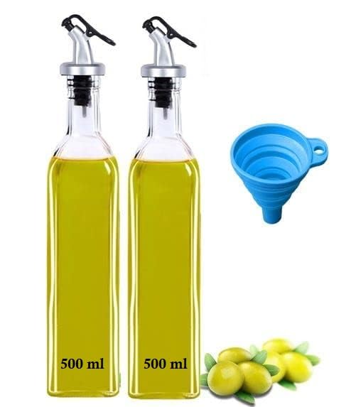 Image of COOLBIT 500 ml Glass Oil Dispenser Bottle For Kitchen with Silicon Funnel, Leak-Proof Cork, Oil Bottle (2 pcs Oil Bottle + 1 psc Silicon Funnel)