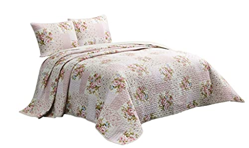 Chezmoi Collection Rosy 3-Piece Printed Patchwork Cotton Quilt Set - Pink Flower Floral Striped Polka Dots - Stone Washed Lightweight Bedspread, Queen Size #TOP7